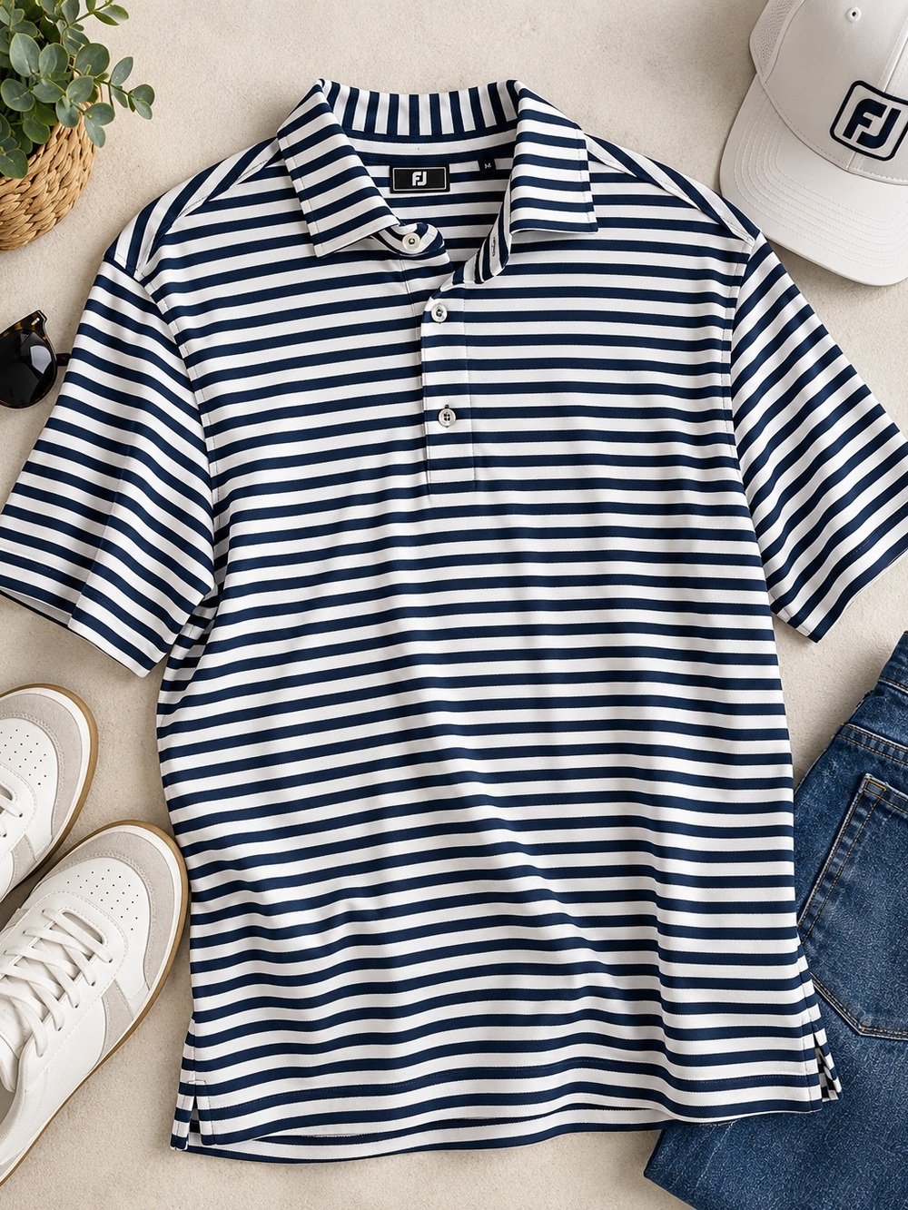 FootJoy Men’s Navy & White Striped Performance Golf Polo – Size M